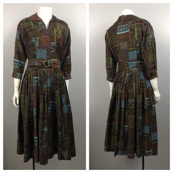 1950s House Dress / Busy Novelty Print Cotton Butt