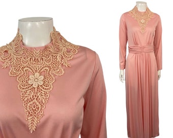 1970s Pink Lace Maxi Dress with Long Sleeves / Women’s Small