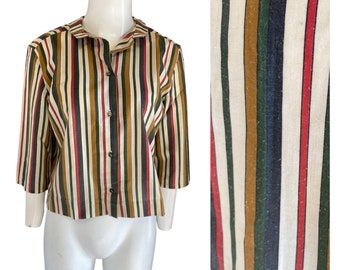 1960s Stripe Button Up Blouse Shirt Cropped Sleeve / Women’s Large