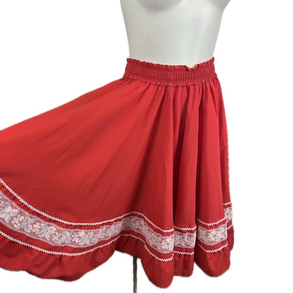 1980s Red with White Lace Full Circle Skirt Squar… - image 1