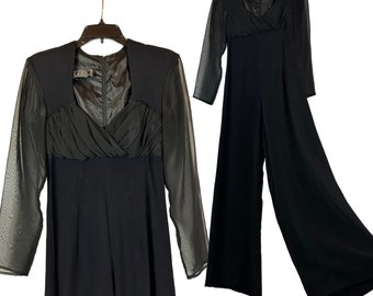 1990s Gothic Black Low Cut Wide Leg Jumpsuit Sheer Sleeve / Women’s XS *