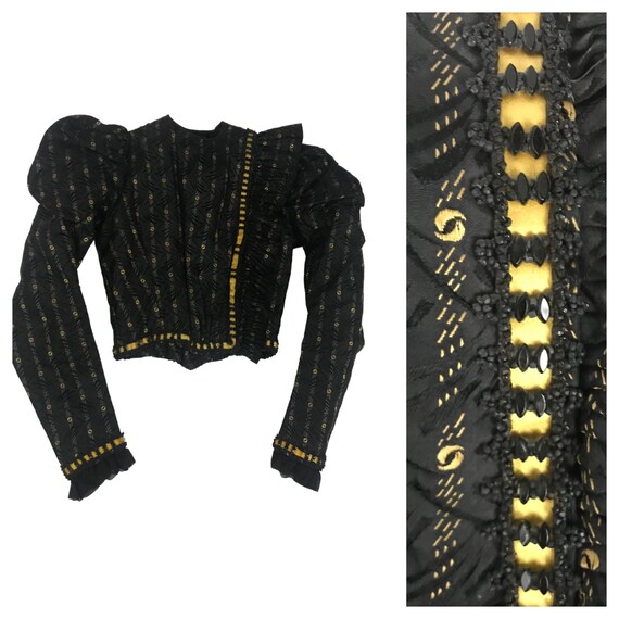 1900s Black Blouse Top / Victorian Beaded Gold Emb