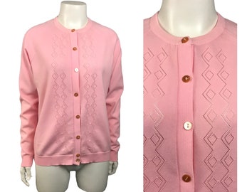 1960s Cardigan Sweater / Pastel Pink Diamond Cutouts Sweater / Women’s Large