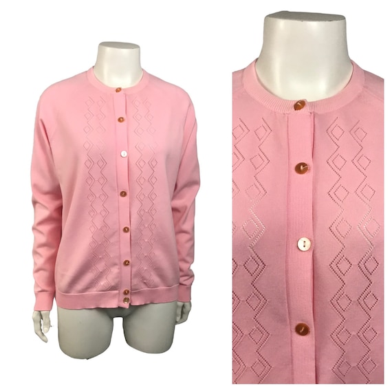 1960s Cardigan Sweater / Pastel Pink Diamond Cutouts … Gem