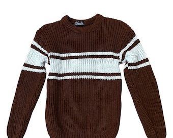Vintage 90s Chunky Knit Sweater Brown White Stripe Crewneck / Women’s XS/S -