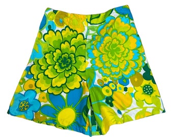 1960s Technicolor Floral High Waist Cotton Hot Pants Back Zip / Women’s XS *