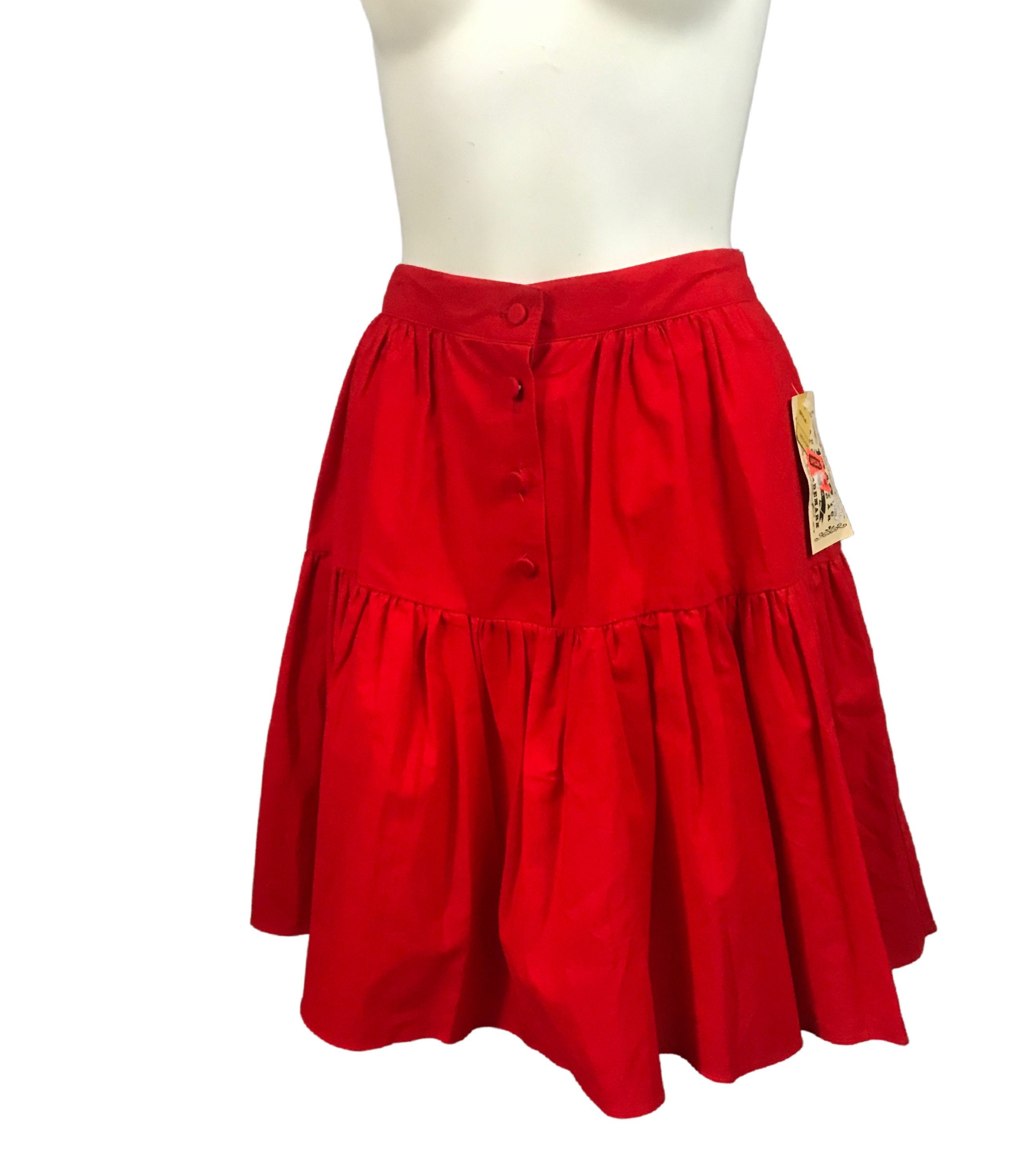 1990s Western Skirt / NWT Red Cotton Tiered Full Skirt / Etsy