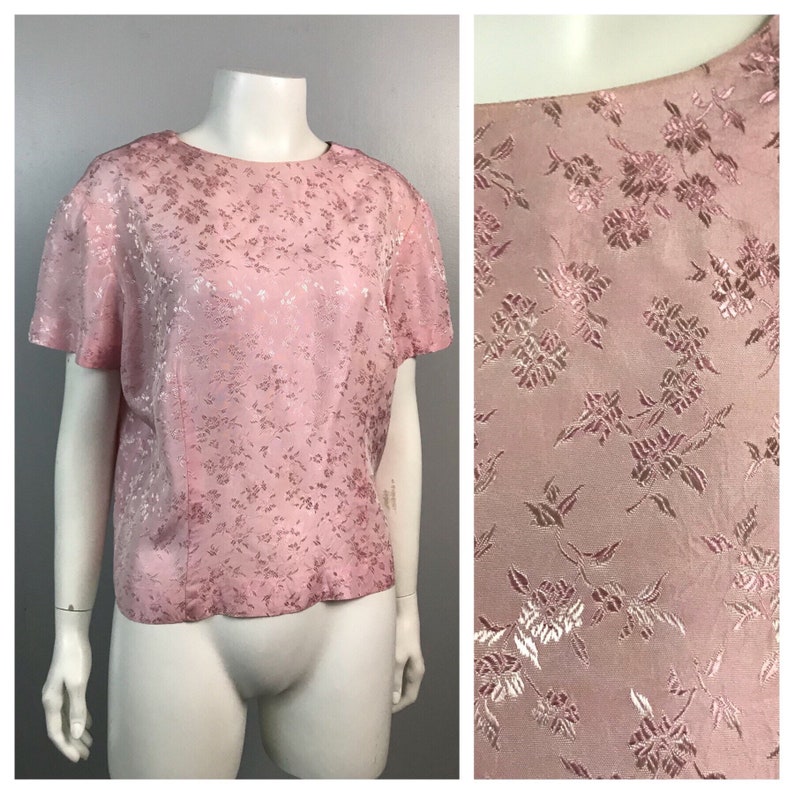 Vintage 1950s 1960s Pink Floral Embroidery Cropped Top Blouse Short Sleeve Women\u2019s Large 50s 60s Pinup Rockabilly Rayon Shirt