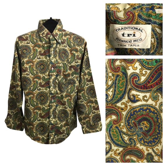 1960s Paisley Button Down Shirt/ 60s Mod Button Do