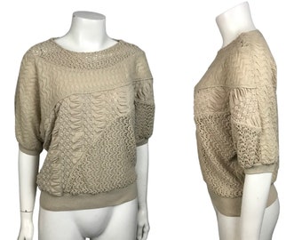 1980s Beige Sweater / Dolman Sleeves Crop Top Pullover Sweater Top / Women’s Small