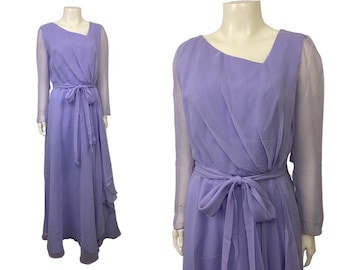 1960s Purple Maxi Dress / Miss Elliette Party Dress Long Sheer Sleeves / Women’s Medium