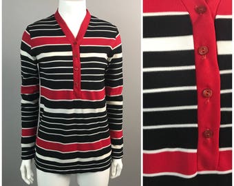Vintage 1960s Red Black and White Stripe  Long Sleeve Nylon Shirt Top / 60s Mod Henley Style Semi Sheer Pullover Top