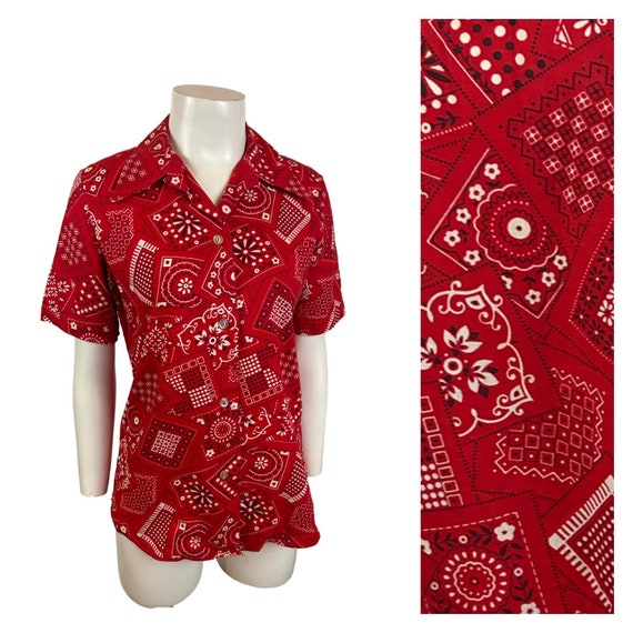 1960s Red Cotton Bandana Button Down Shirt Dagger… - image 1
