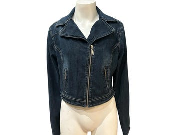 Vintage Y2K Denim Asymmetric Zip up Biker Style Jacket With Belt