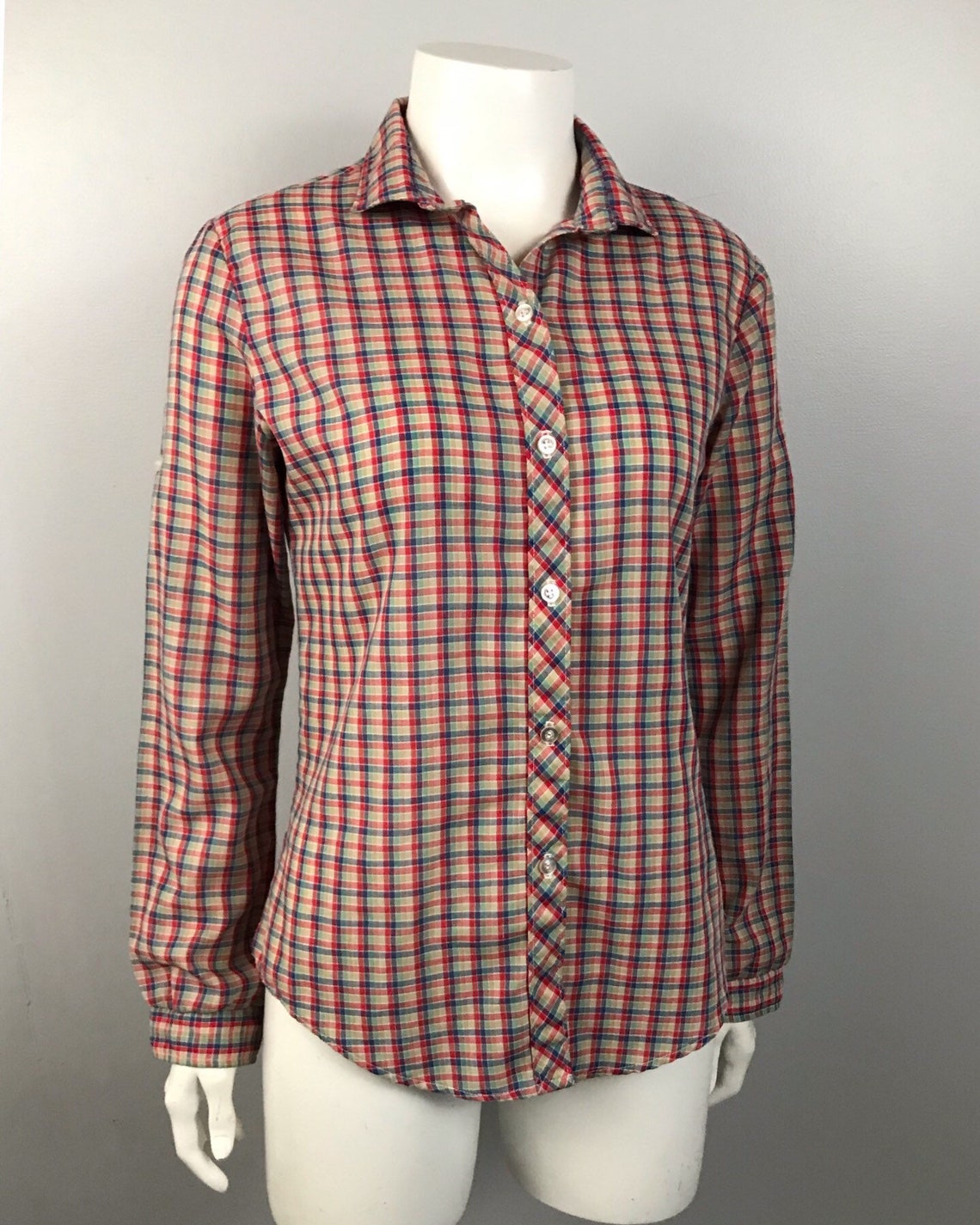 1980s Plaid Blouse Shirt / 80s Plaid Checked Button Up Top | Etsy