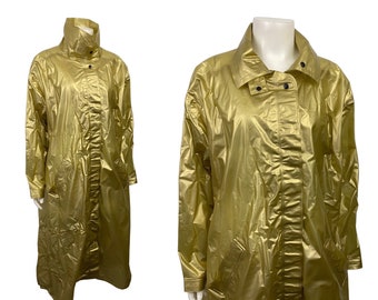 Vintage Gold Vinyl Raincoat / 1960s Rain Slicker Fetish Coat / Women’s Medium