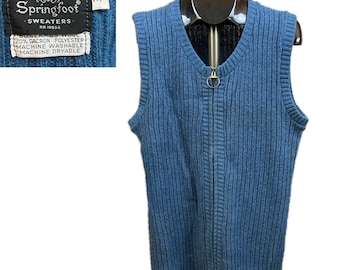 Vintage Ribbed Zip Front Sweater Vest Ring Pull Blue Medium -