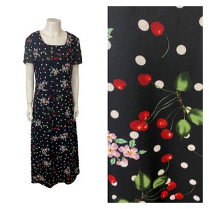 1990s Cherry Print Floral Design Long Maxi Dress Short Sleeves / Medium