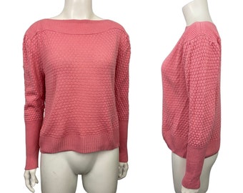 Vintage Pink Boatneck Boxy Sweater / 1980s Pullover Pink Sweater Top / Women’s M/L