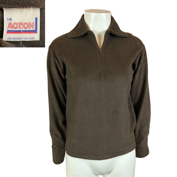 1970s Brown Velour Quarter Zip Cropped Top Fitted Sweater / Women’s Small *