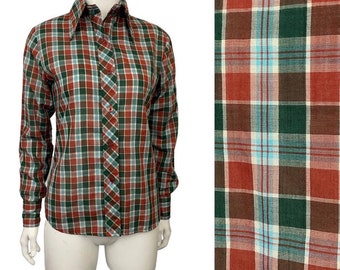 1980s Autumn Colored Plaid Shirt Button up Western Top / Women’s XS *