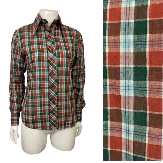 1980s Autumn Colored Plaid Shirt Button up Wester… - image 1
