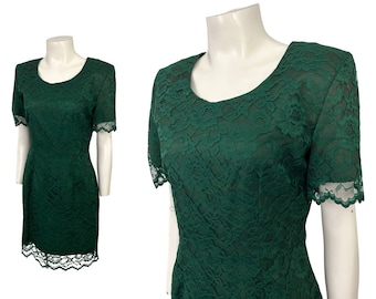1990s Y2K Green Floral Lace Short Wiggle Dress / Size 6P Small