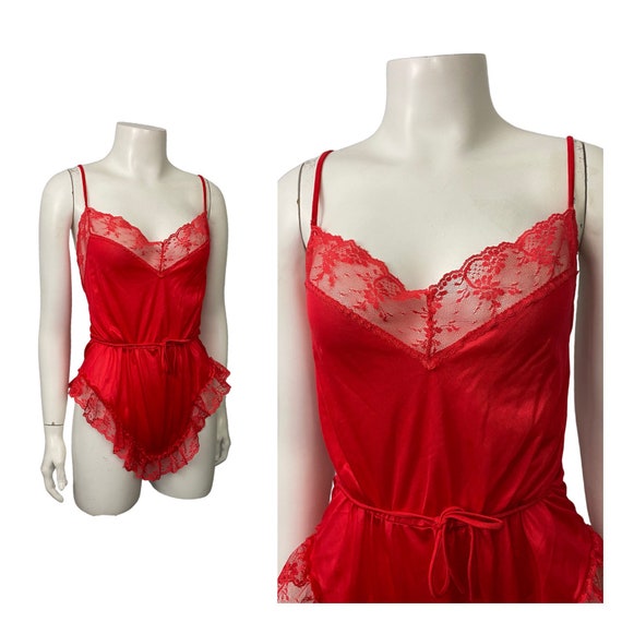 1980s Red Sexy Teddy Nightie / Sleeveless Sheer Nylon Lace