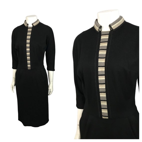1950s Sweater Dress / 50s Black Stripe Knit Wiggle