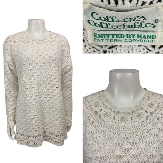 Vintage White Crochet Beaded Knit Sweater Hand Kni