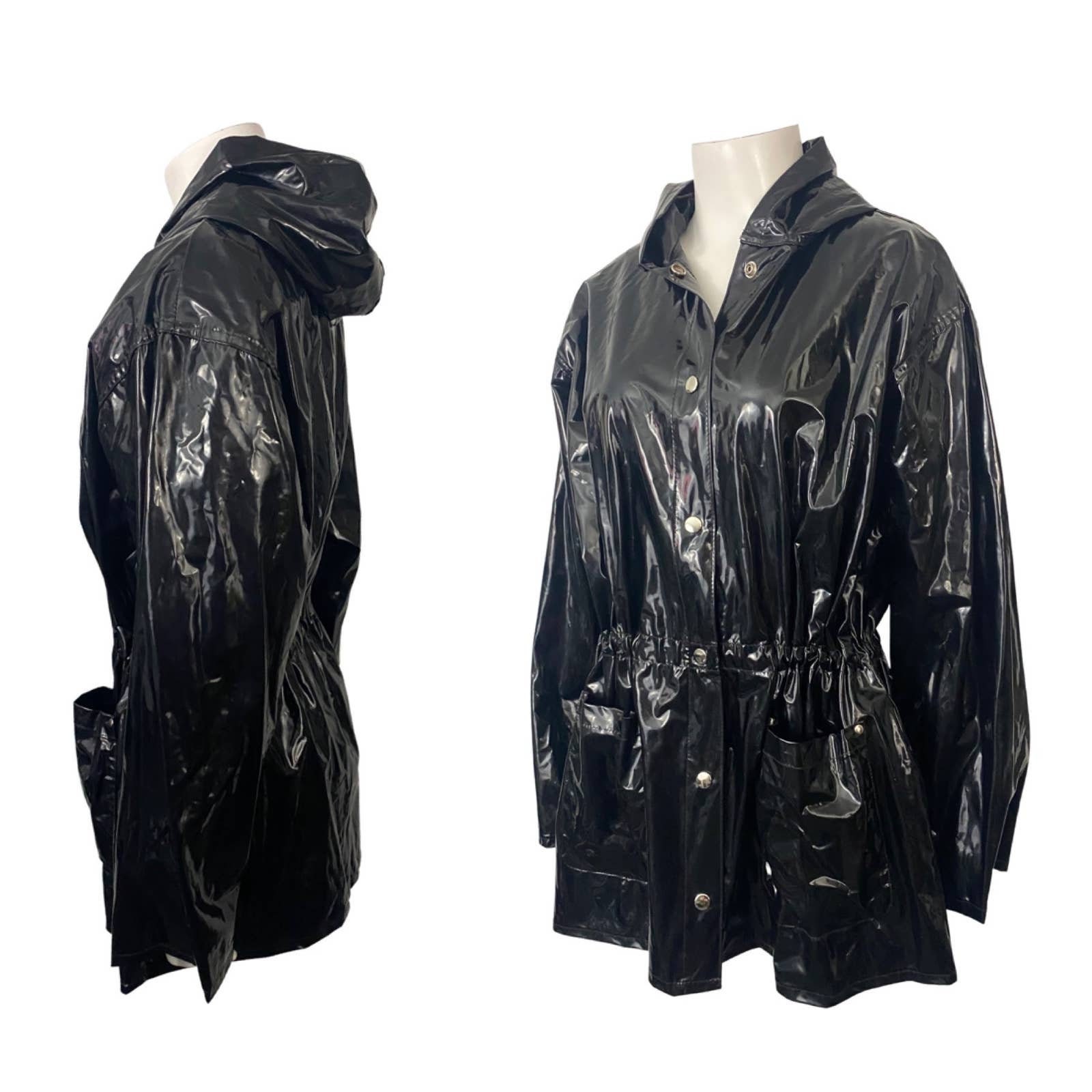1980s Black Vinyl Wet Look Button Up Rain Jacket / Womens - Etsy 日本