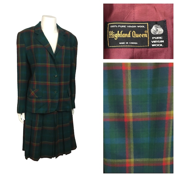 1960s Wool Suit Dress Set / Rainbow Plaid Blazer J