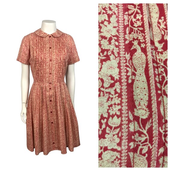 1950s Dress / Peacock Bird Novelty Print Cotton Dr