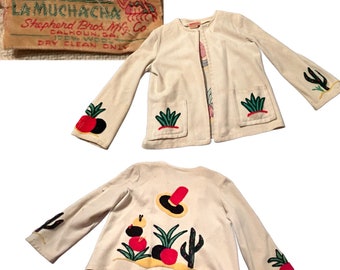 1940s Chenille Wool Embroidered Mexican Tourist Jacket / Women’s Large *