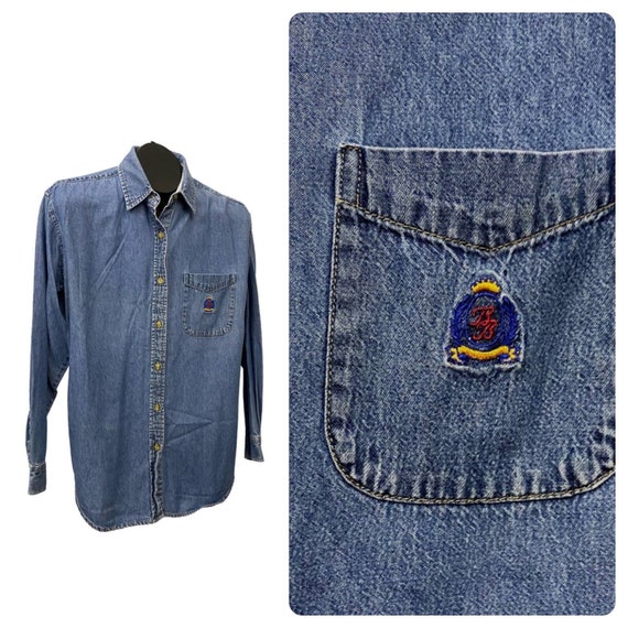 1990s Blue Denim Cotton Button Up Shirt by Bugle … - image 4