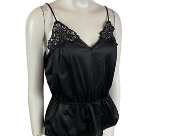 1960s Black Lace Spaghetti Strap Nightie Top Camisole / Women’s Medium *