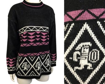 Vintage Warrior Graphic Knit Sweater Southwestern Tribal Black Pink Womens M -
