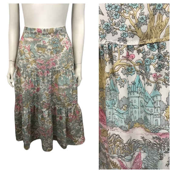 1960s Skirt / Pastel Castle Bird Floral Novelty Pr