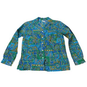 Vintage 60s Paisley Patchwork Blouse Blue Green Cotton Union Made Top XS -