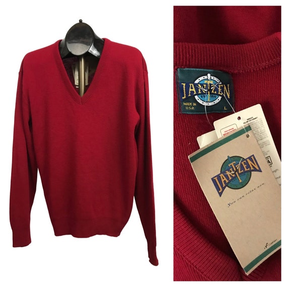 1990s Jantzen Sweater / 90s NOS Burgundy Wool V Ne