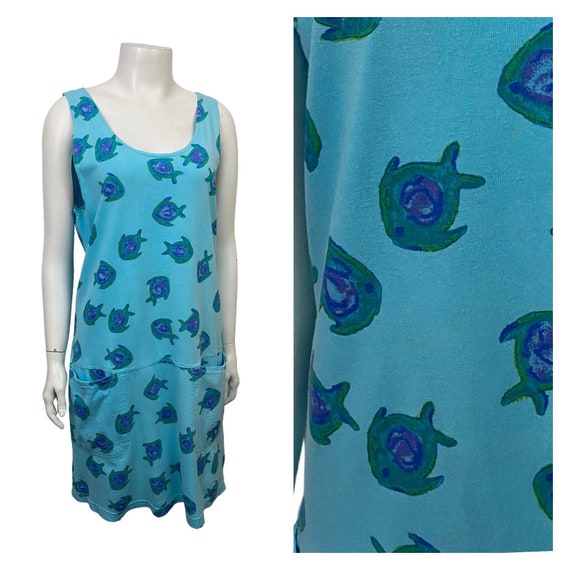 Vintage Blue Fish Print Sleeveless Dress / Cotton Cover up Beach Dress /  Womens M/L -  Canada