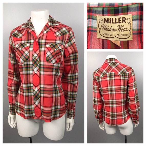 1950s Western Shirt / 50s Orange & Green Plaid But