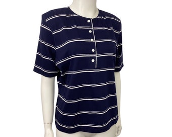 1990s Navy Stripe Henley Blouse Top / Nautical Cotton Short Sleeve Shirt / Women’s Medium