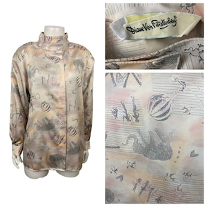 Vintage Diane Von Furstenberg DVF Pale Pink Novelty Print  Blouse Top / Size 8