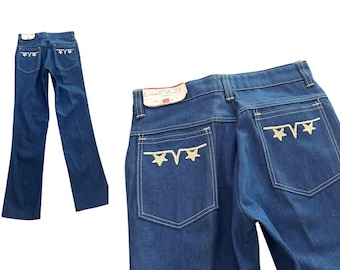 Vintage 1970s Dark Denim Embroidered Jeans High Waist Pants / waist 24 -