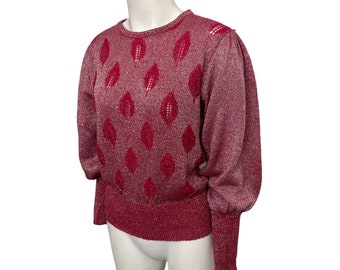 1970s Barbie Pink Metallic Cutout Sweater Dramatic Sleeve / Women’s Small *