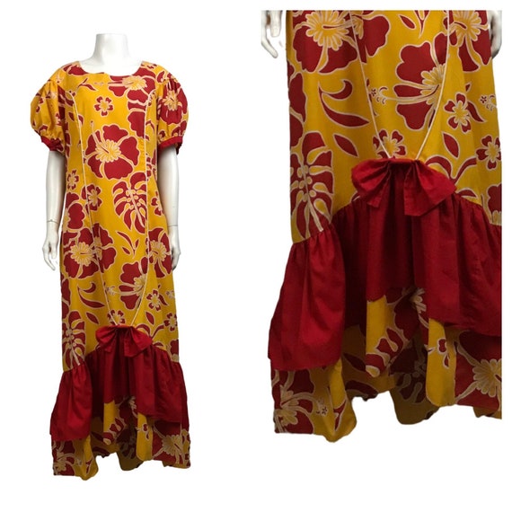 1980s Muumuu Hawaiian Dress / Yellow Red Floral Ru