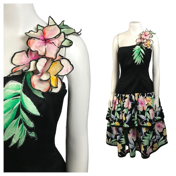 1980s Victor Costa Dress / One Shoulder Floral Sle