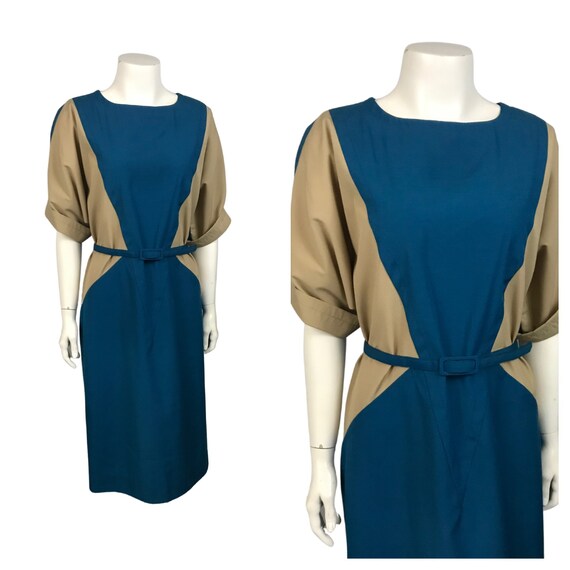 1980s Color Block Dress / Blue Belted Shift Dress