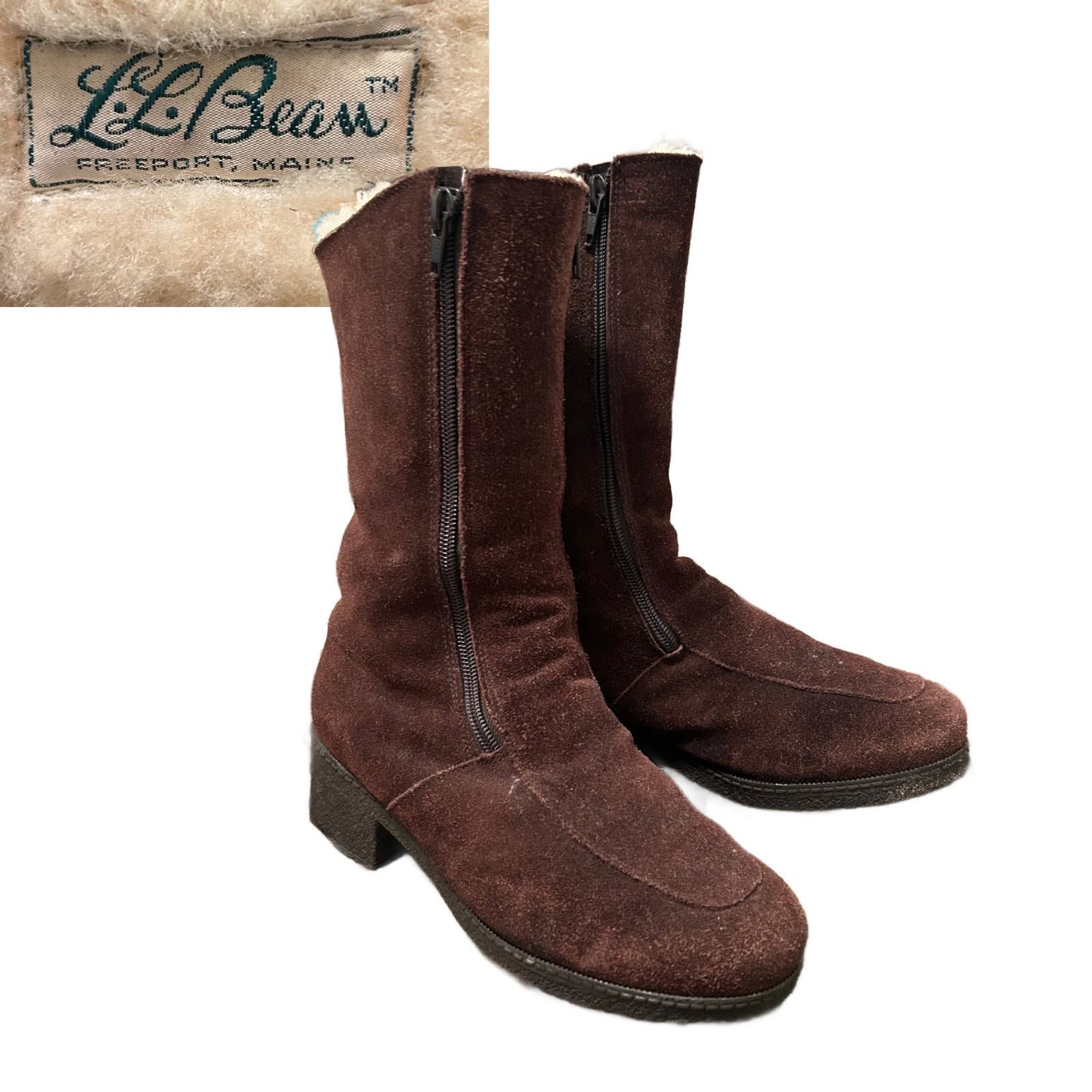 Vintage LL Bean Brown Suede Double Zipper Shearling Boots  display picture 2